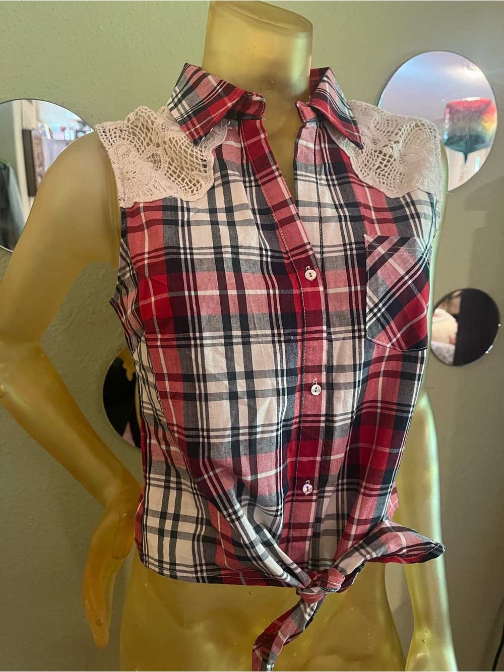 easel Red and White Plaid Button-Front Tie Hem Top with Lace Shoulders